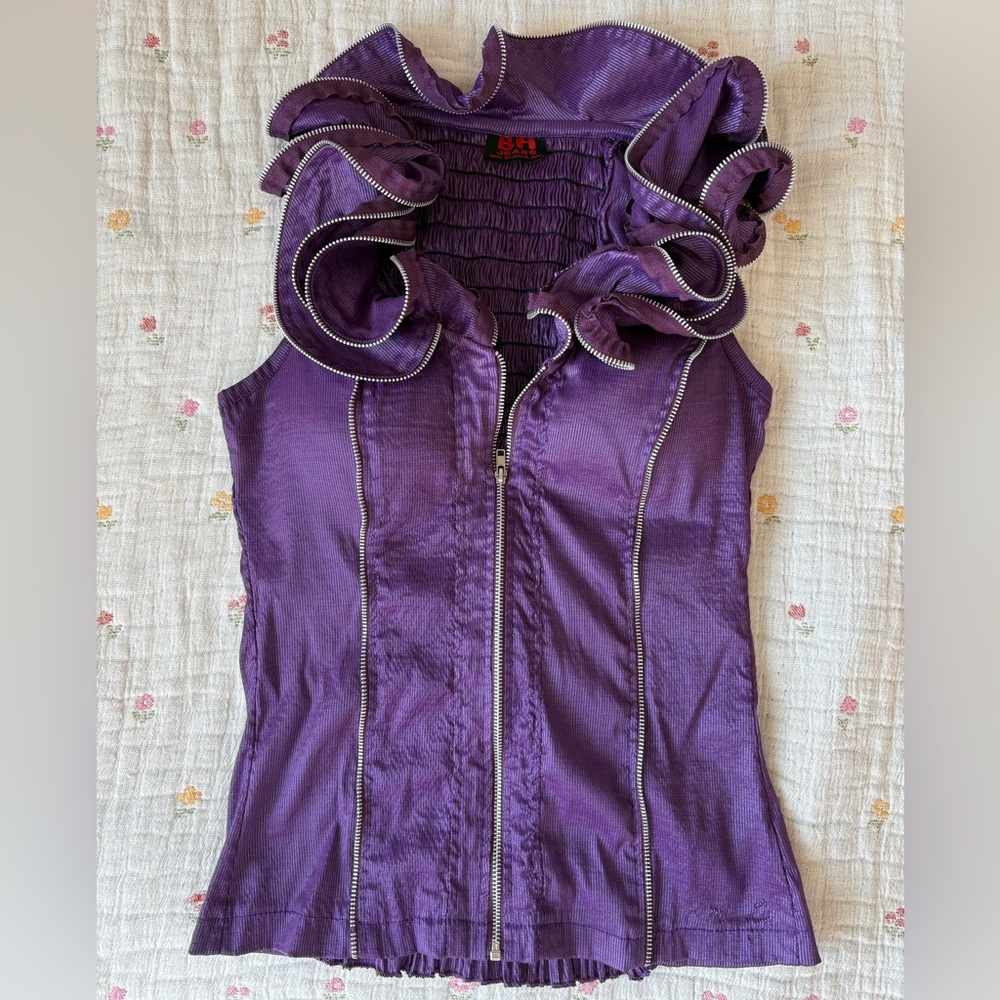 Unique Purple Ruffled Sleeveless Zip Front Y2K Top